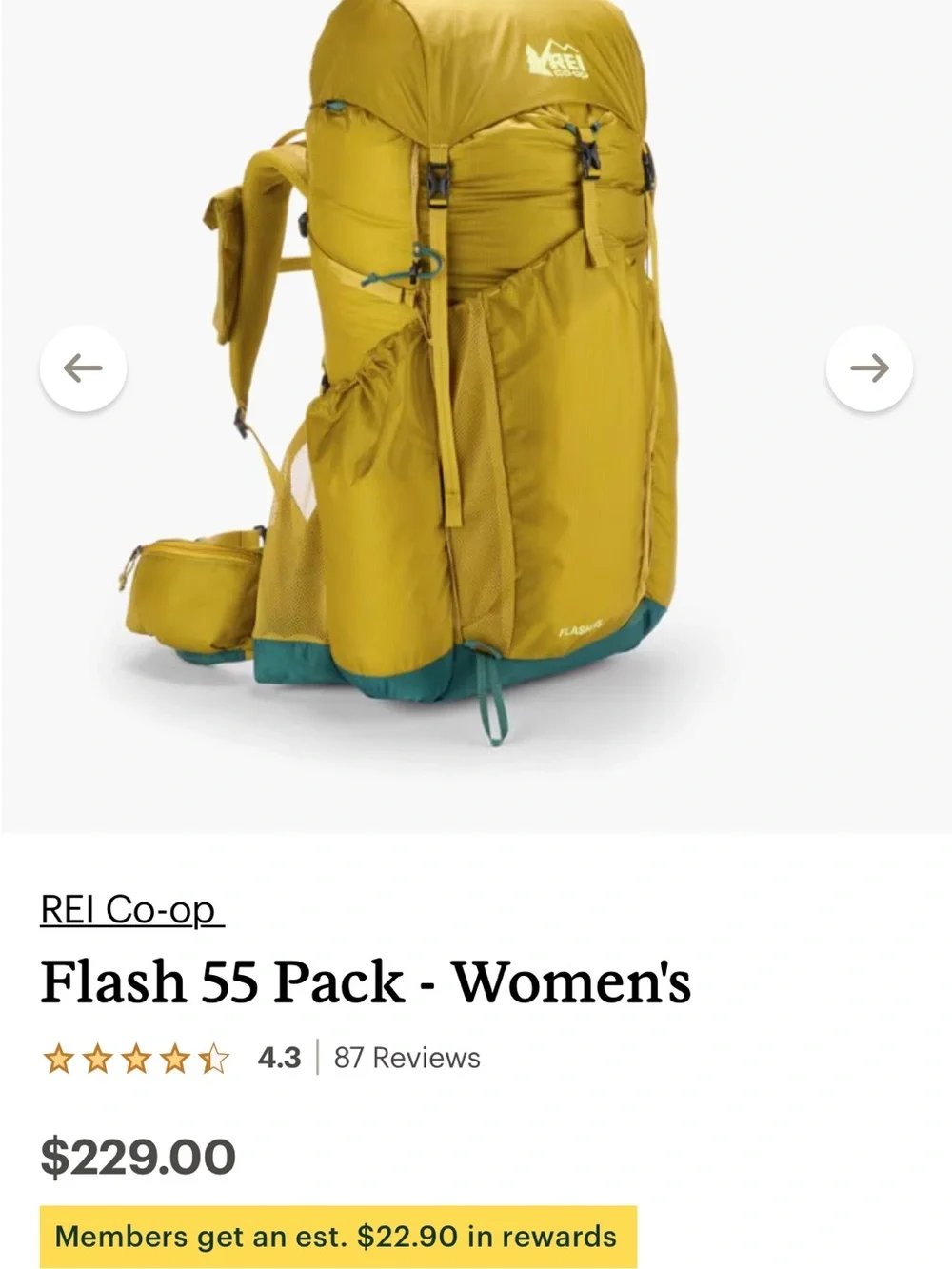 Women’s REI Flash 55 Backpack in Mustard with Green Base
